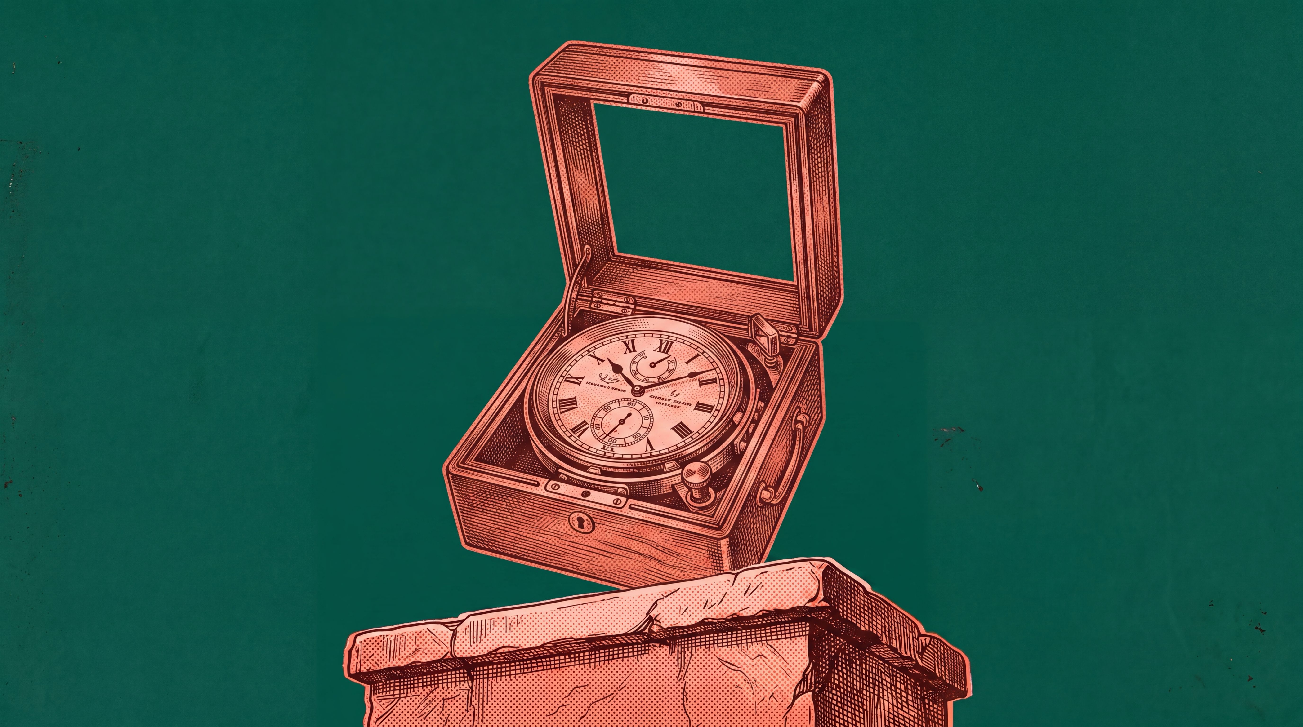 Kupferstich eines Marine-Chronometers im offenen Holzkasten, als Bild für den langen Anlagehorizont beim Vermögensaufbau.