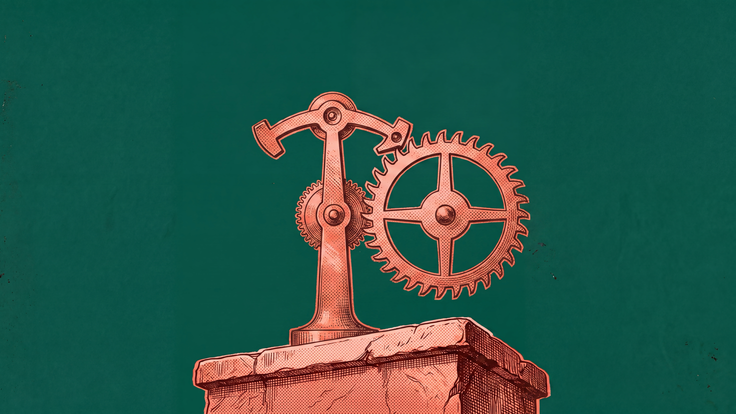 Uhrwerk-Hemmung aus Messing mit Ankerhebel und Hemmungsrad auf einem Steinsockel