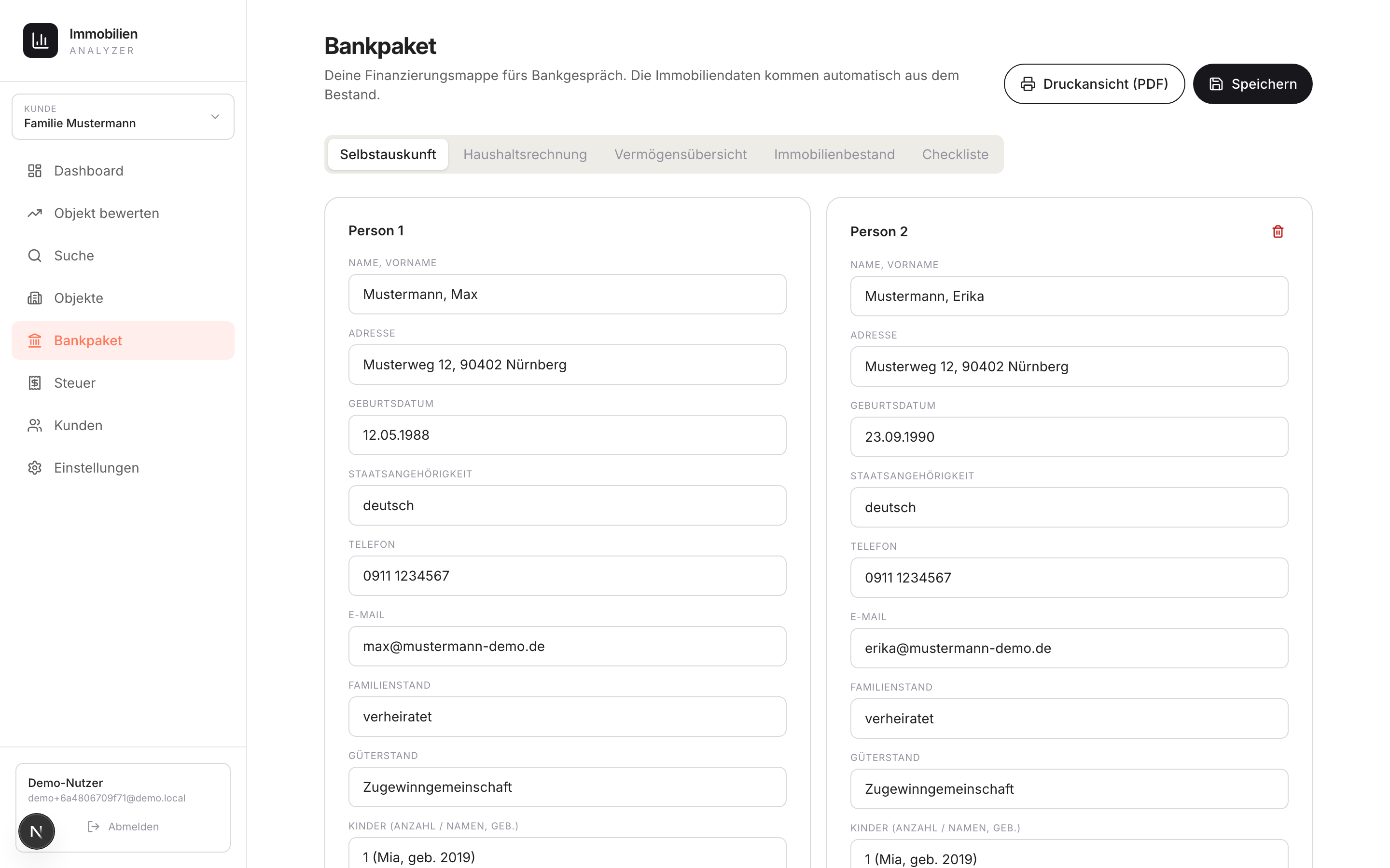 Bankpaket in ImmoSis: Finanzierungsmappe mit Selbstauskunft, Haushaltsrechnung, Vermögensübersicht und Immobilienbestand