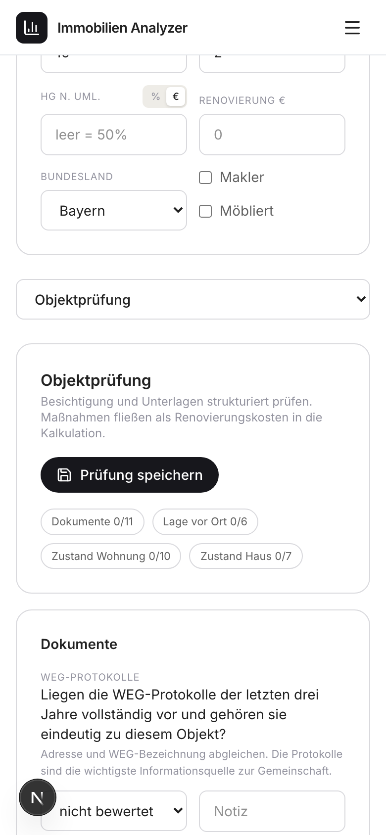 Objektprüfung auf dem Handy: Prüfgruppen Dokumente, Lage vor Ort, Zustand Wohnung und Haus mit konkreten Prüffragen
