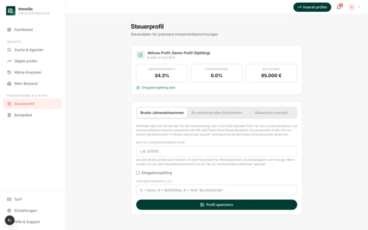 Steuerprofil in ImmoSis mit Grenzsteuersatz, Splitting und manueller Eingabe