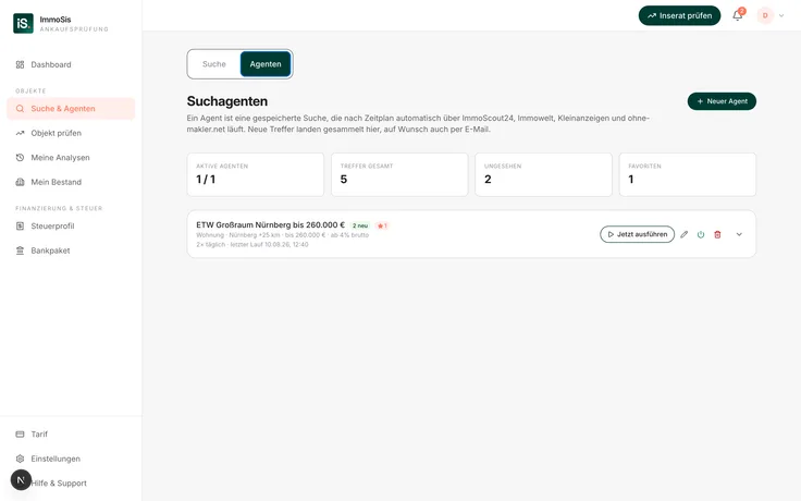 Suchagent in ImmoSis: gespeicherte Kriterien mit Umkreis, Budget, Mindestrendite und Kaufpreisfaktor, darunter die Trefferliste mit neuen Inseraten
